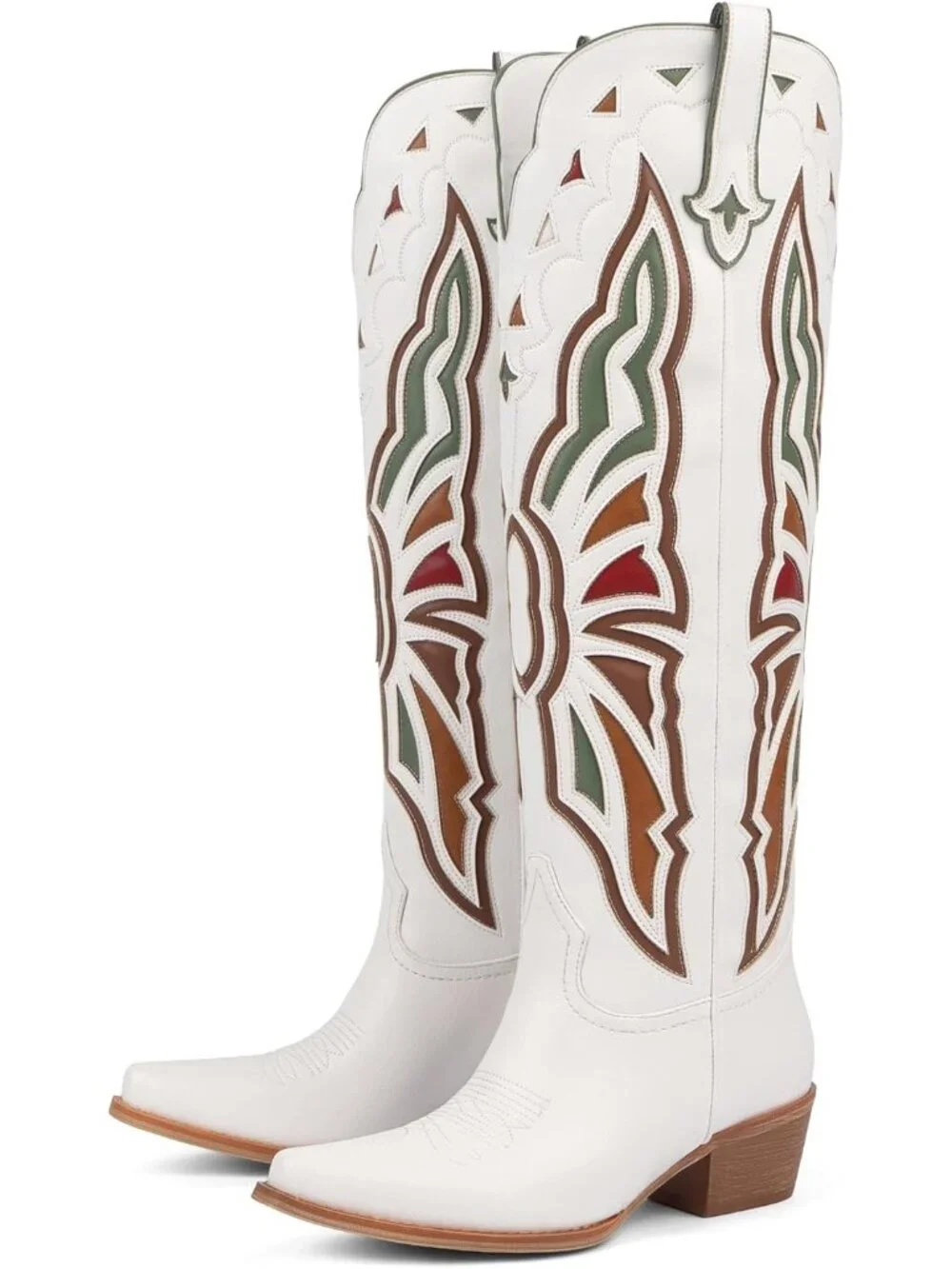 Women's White Cowboy Knee High Chunky Heel Butterfly Cowgirl Boots Wide Calf